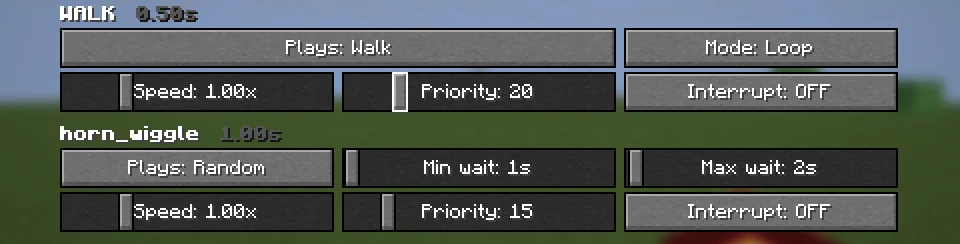 Animation settings: a walk animation set to play while walking, and a random animation with a wait of one to two seconds.
