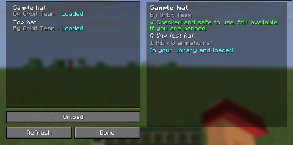 The Featured Catalog in game, with a sample hat that is checked and safe to use, and a notification that it was downloaded.