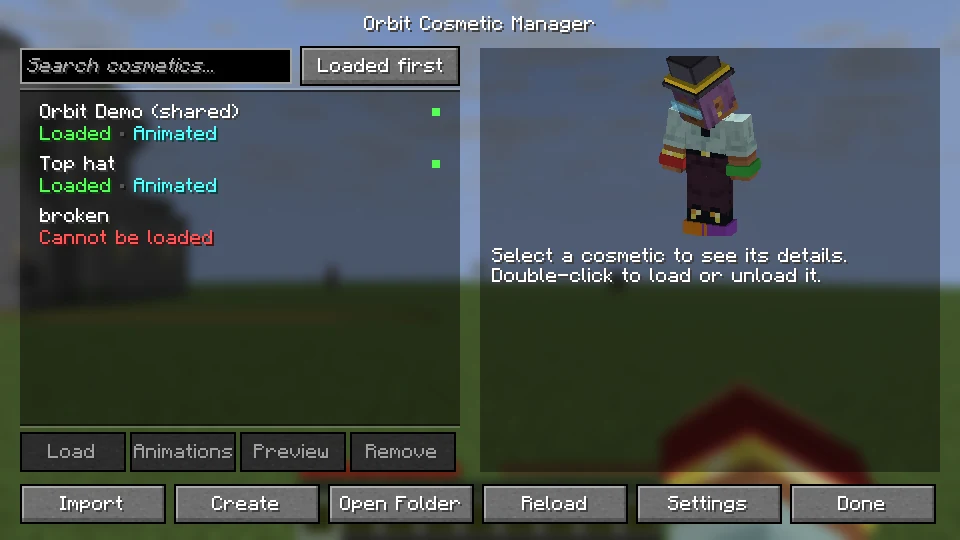 The Orbit Cosmetic Manager: a list of cosmetics with their status, and a live preview of the player.