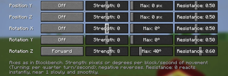 Physics settings for a part: rotation Z moves with forward speed, strength 8, maximum 40 degrees, resistance 0.6.